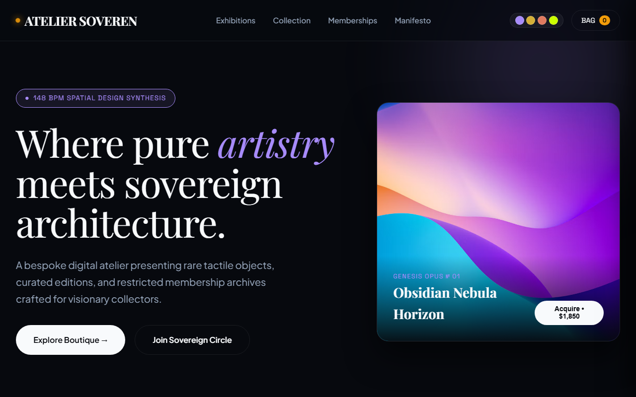 Kitty Web Design Engine - Atelier Soveren bespoke art membership and luxury store showcase